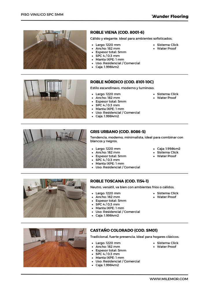 Piso Vinílico SPC 5mm - Línea Wunder Flooring